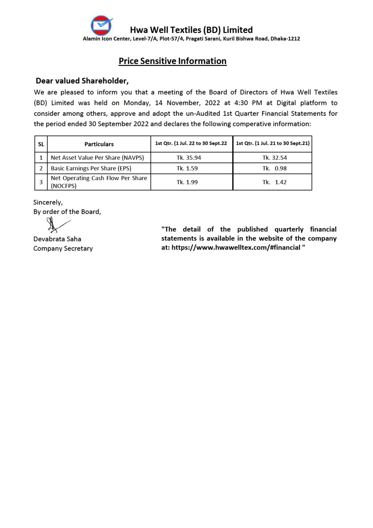হা-ওয়েল টেক্সটাইলের মূল্য সংবেদনশীল তথ্য